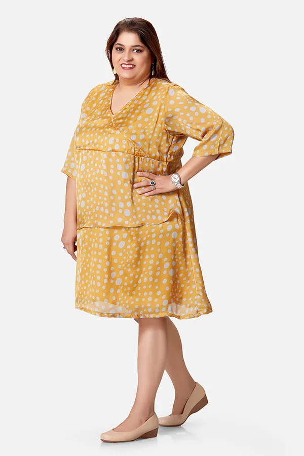 Yellow_Satin_Polka_Print_3/4_Sleeve_Dress_For_Women