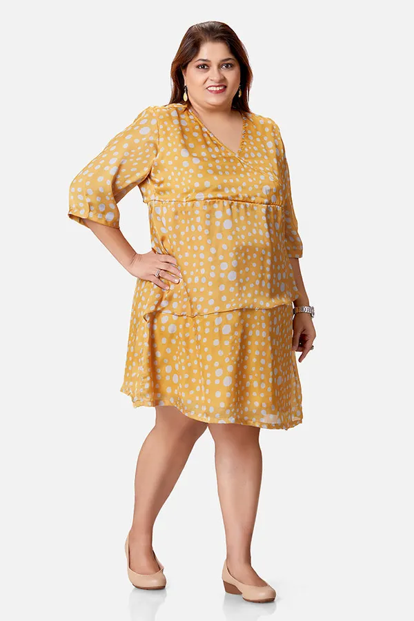 Yellow_Satin_Polka_Print_3/4_Sleeve_Dress_For_Women
