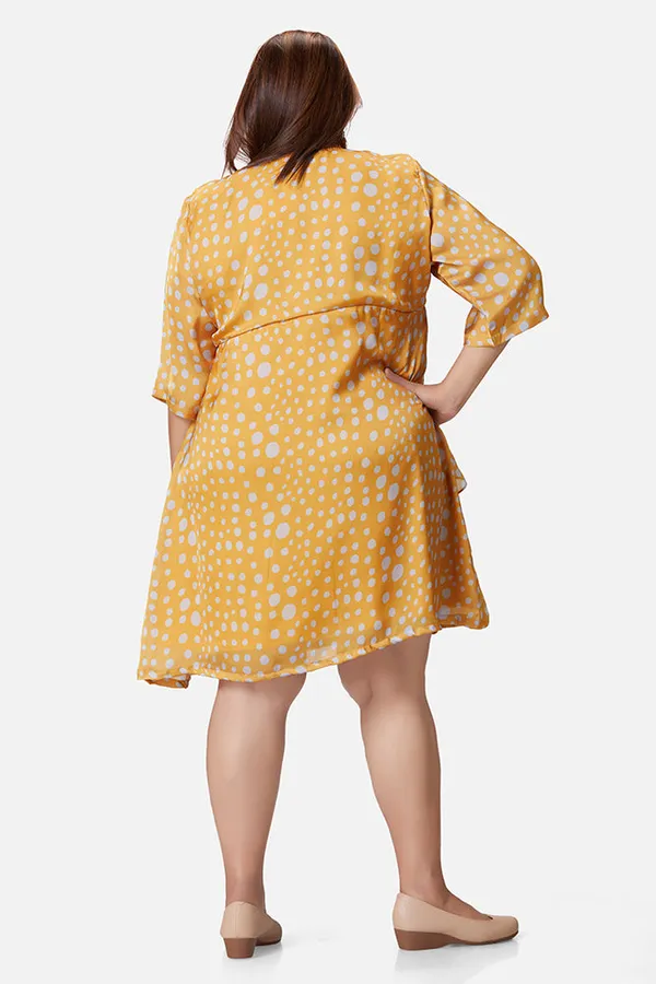 Yellow_Satin_Polka_Print_3/4_Sleeve_Dress_For_Women