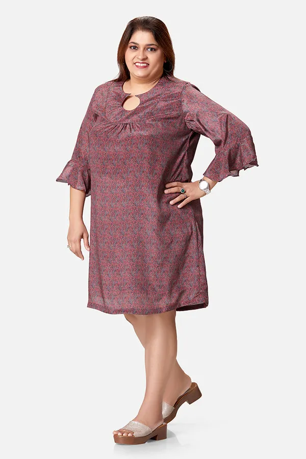 Magenta_Crepe_Paisley_3/4_Bell_Sleeve_Dress_For_Women