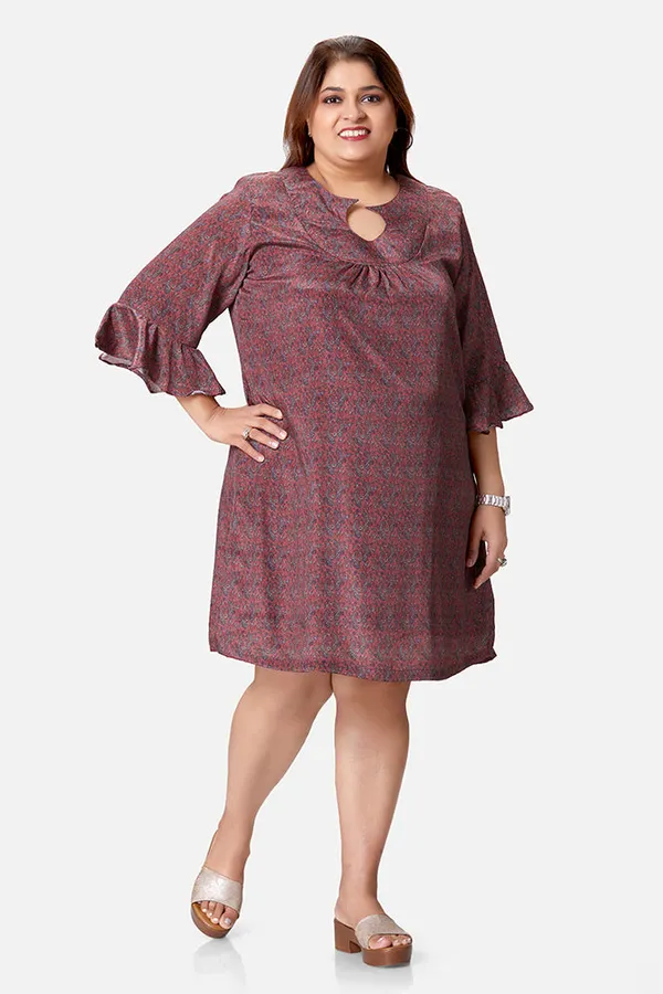 Magenta_Crepe_Paisley_3/4_Bell_Sleeve_Dress_For_Women