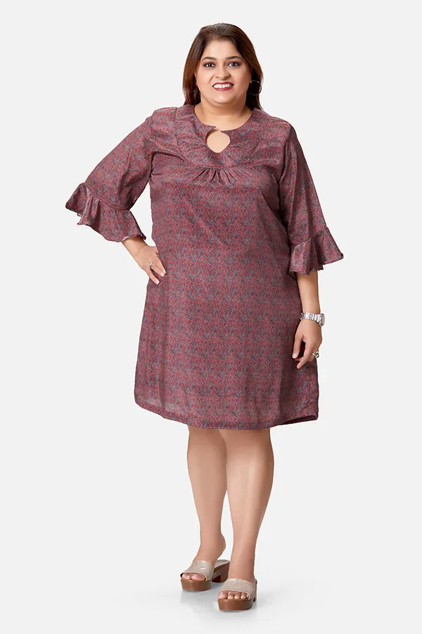 Magenta_Crepe_Paisley_3/4_Bell_Sleeve_Dress_For_Women