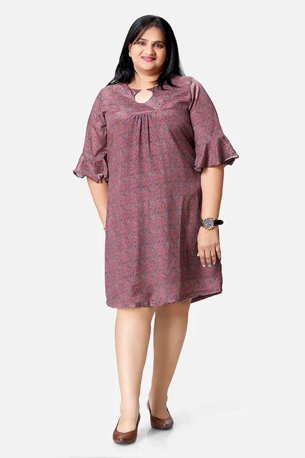 Magenta_Crepe_Paisley_3/4_Bell_Sleeve_Dress_For_Women