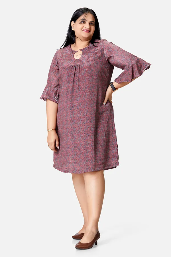 Magenta_Crepe_Paisley_3/4_Bell_Sleeve_Dress_For_Women