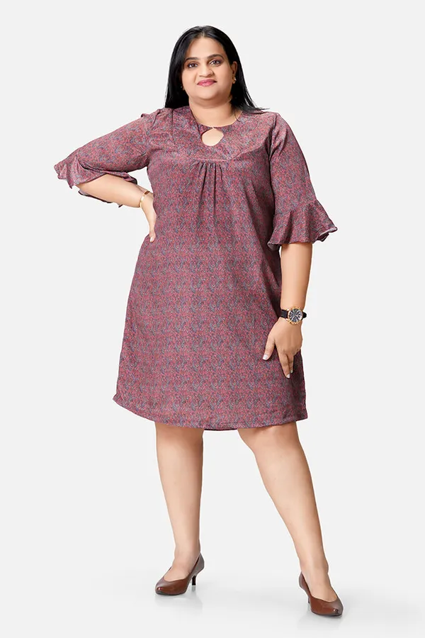 Magenta_Crepe_Paisley_3/4_Bell_Sleeve_Dress_For_Women
