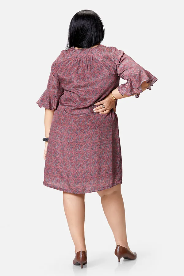 Magenta_Crepe_Paisley_3/4_Bell_Sleeve_Dress_For_Women