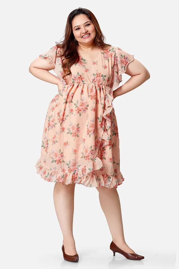 Peach_Georgette_Floral_Short_Sleeve_Dress_For_Women