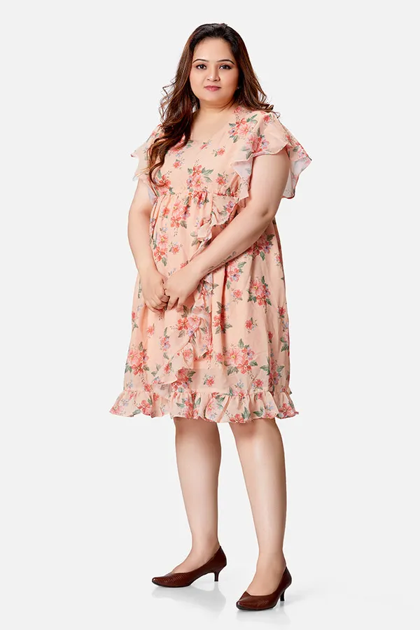 Peach_Georgette_Floral_Short_Sleeve_Dress_For_Women