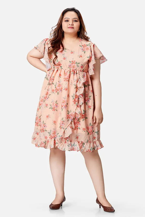 Peach_Georgette_Floral_Short_Sleeve_Dress_For_Women