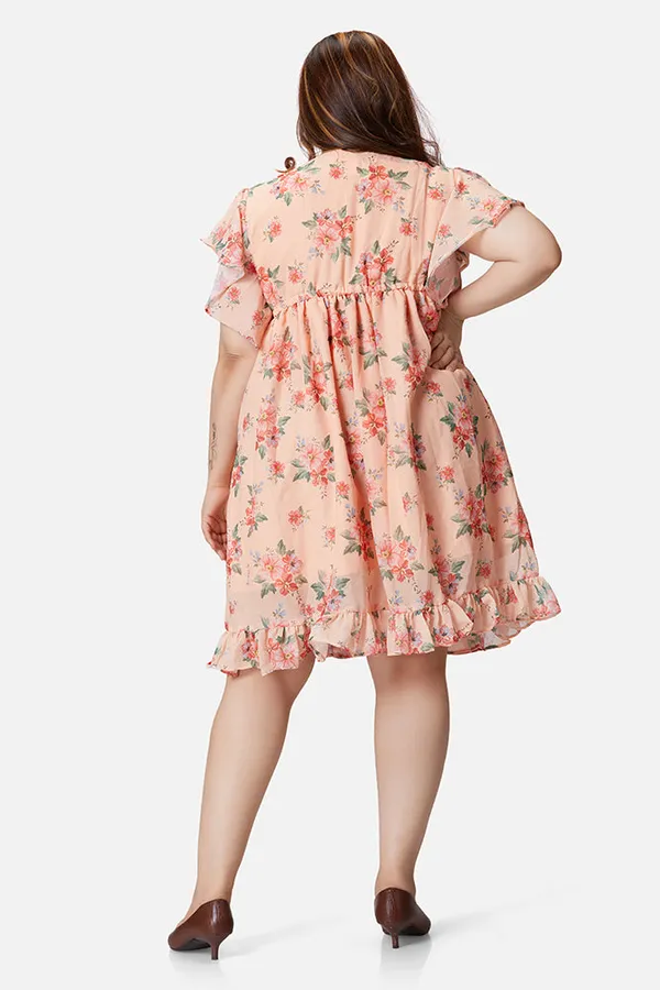 Peach_Georgette_Floral_Short_Sleeve_Dress_For_Women