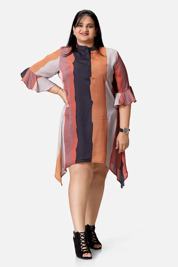 Multicolour_Satin_Striped_3/4_Bell_Sleeve_Dress_For_Women