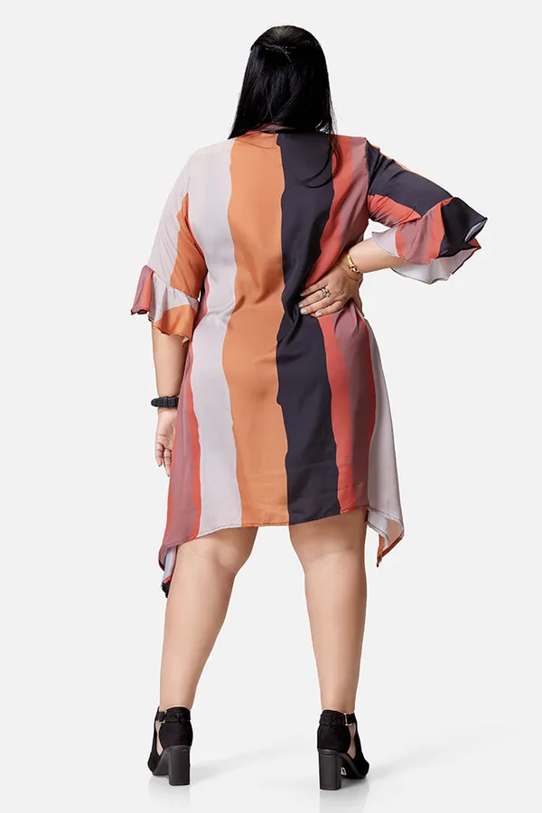 Multicolour_Satin_Striped_3/4_Bell_Sleeve_Dress_For_Women