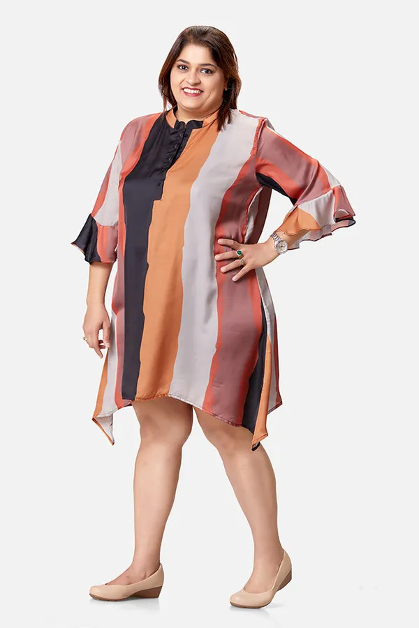 Multicolour_Satin_Striped_3/4_Bell_Sleeve_Dress_For_Women