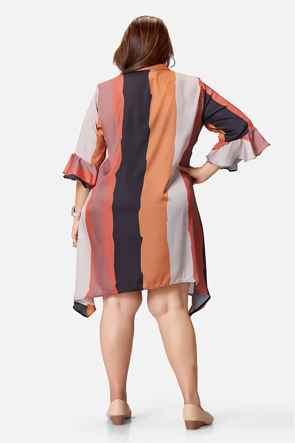 Multicolour_Satin_Striped_3/4_Bell_Sleeve_Dress_For_Women