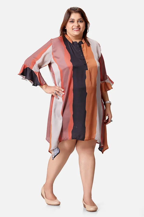 Multicolour_Satin_Striped_3/4_Bell_Sleeve_Dress_For_Women
