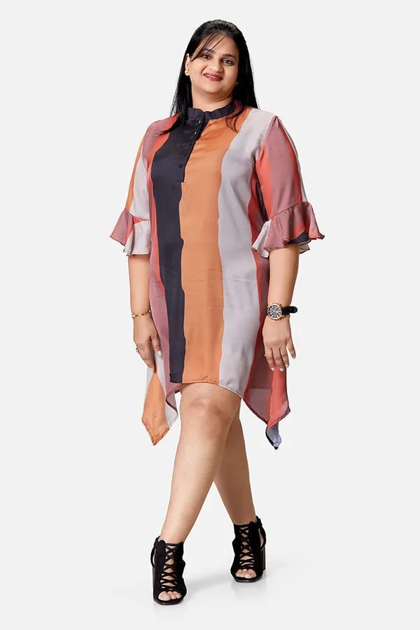 Multicolour_Satin_Striped_3/4_Bell_Sleeve_Dress_For_Women