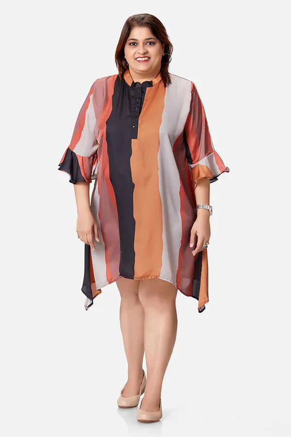 Multicolour_Satin_Striped_3/4_Bell_Sleeve_Dress_For_Women