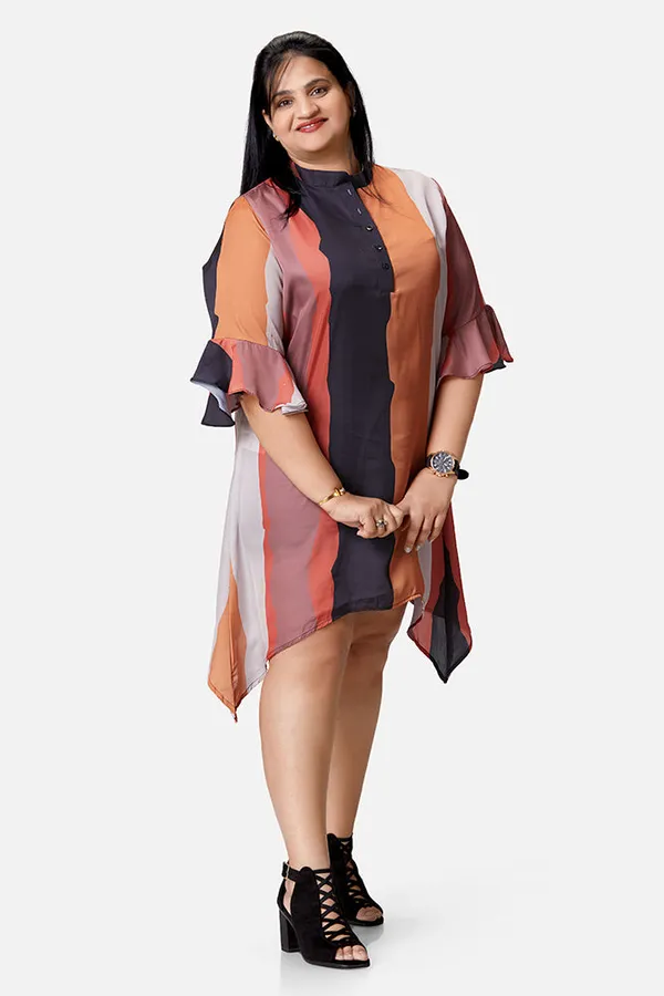Multicolour_Satin_Striped_3/4_Bell_Sleeve_Dress_For_Women