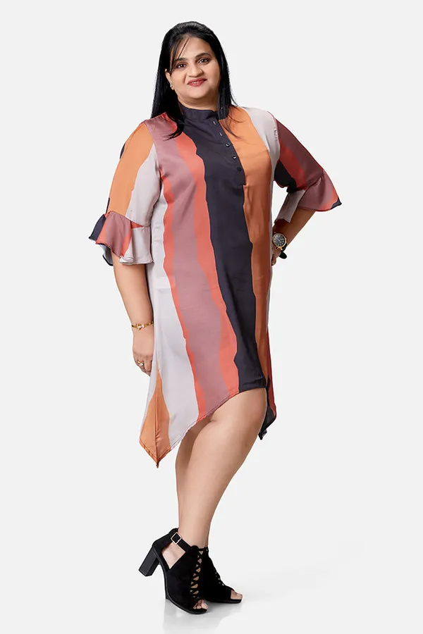 Multicolour_Satin_Striped_3/4_Bell_Sleeve_Dress_For_Women