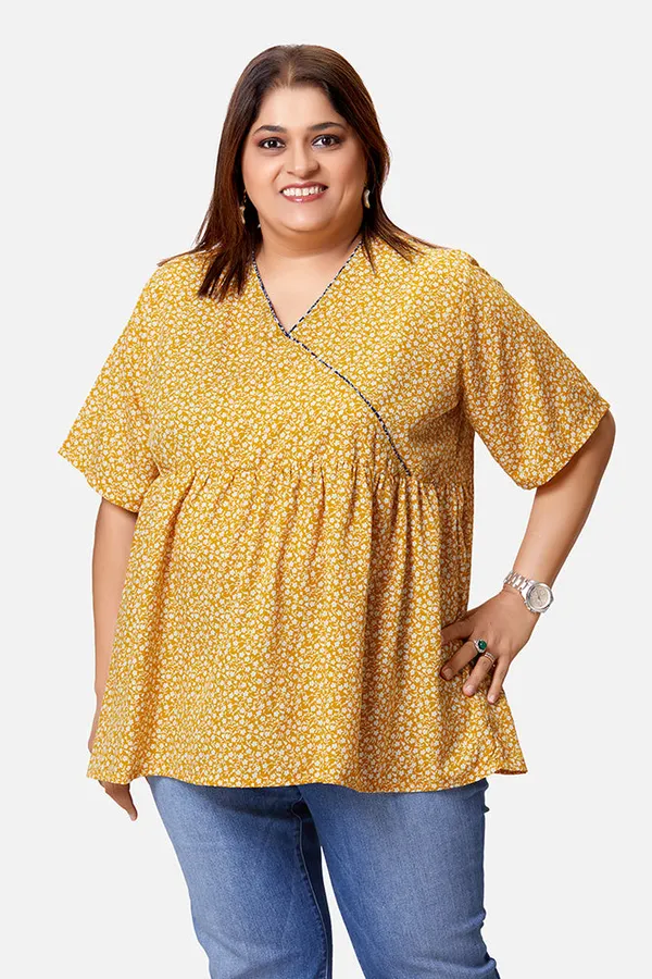 Yellow_Polyester_Floral_Half_Sleeve_Top_For_Women