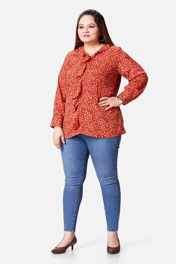 Red_French_Crepe_Floral_Frill_Long_Sleeve_Top_For_Women