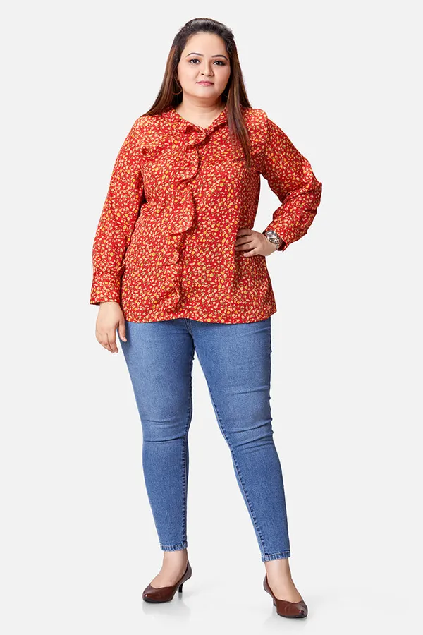 Red_French_Crepe_Floral_Frill_Long_Sleeve_Top_For_Women