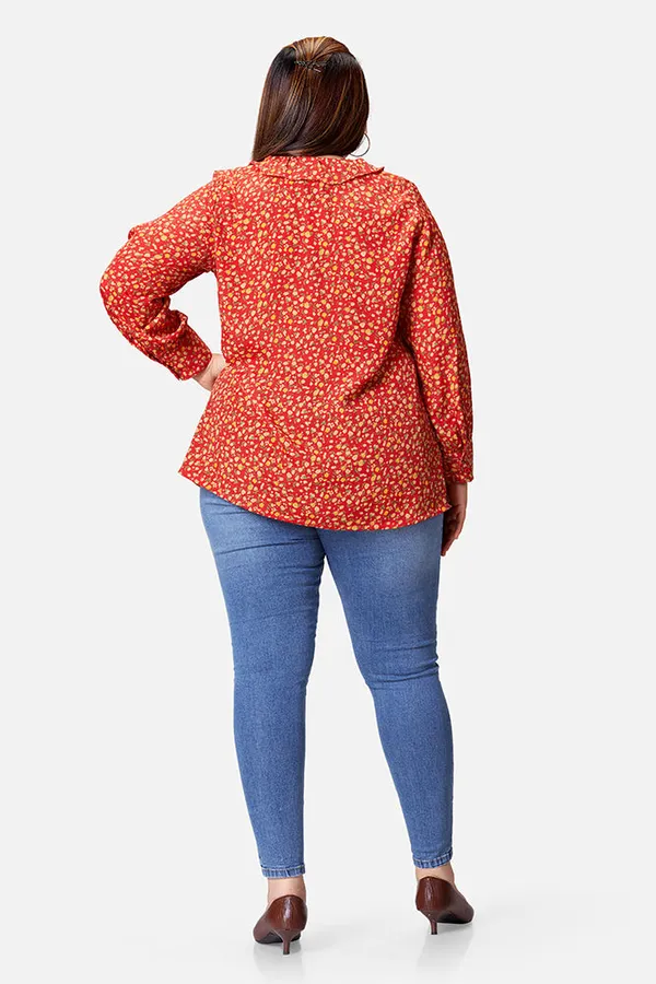 Red_French_Crepe_Floral_Frill_Long_Sleeve_Top_For_Women