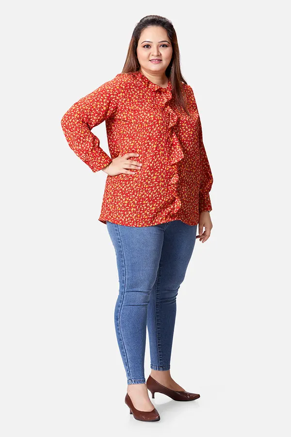 Red_French_Crepe_Floral_Frill_Long_Sleeve_Top_For_Women