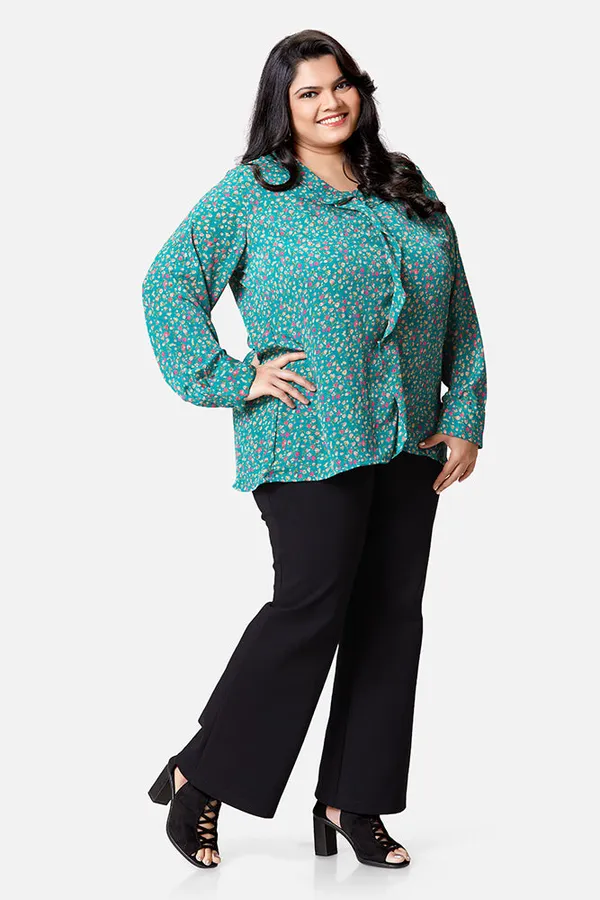 Green_French_Crepe_Floral_Frill_Long_Sleeve_Top_For_Women
