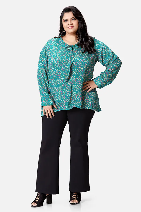 Green_French_Crepe_Floral_Frill_Long_Sleeve_Top_For_Women