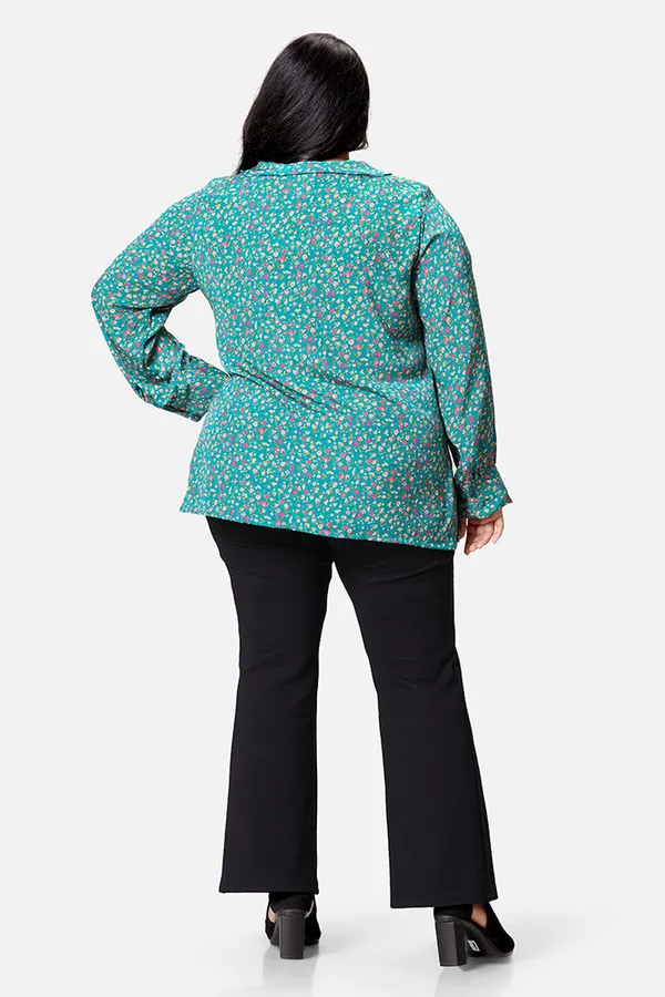 Green_French_Crepe_Floral_Frill_Long_Sleeve_Top_For_Women