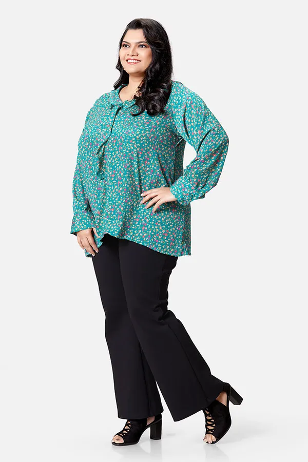 Green_French_Crepe_Floral_Frill_Long_Sleeve_Top_For_Women