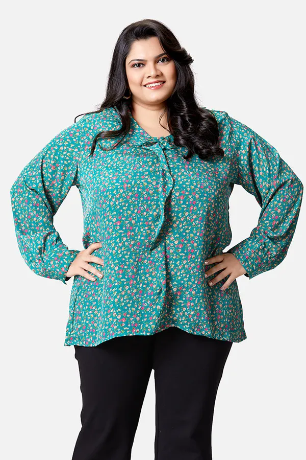 Green_French_Crepe_Floral_Frill_Long_Sleeve_Top_For_Women