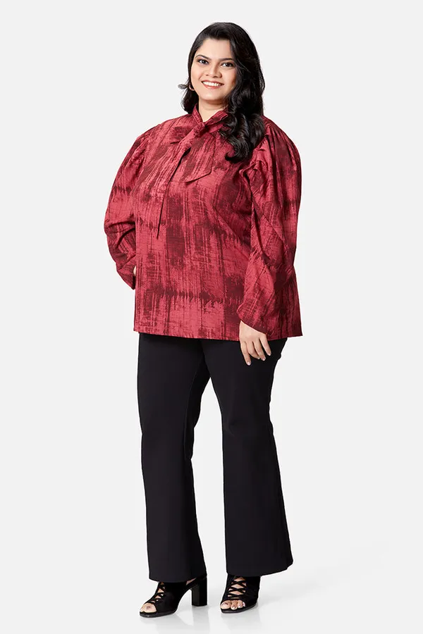 Maroon_Crepe_Tie_Dye_Bow_Long_Sleeve_Top_For_Women
