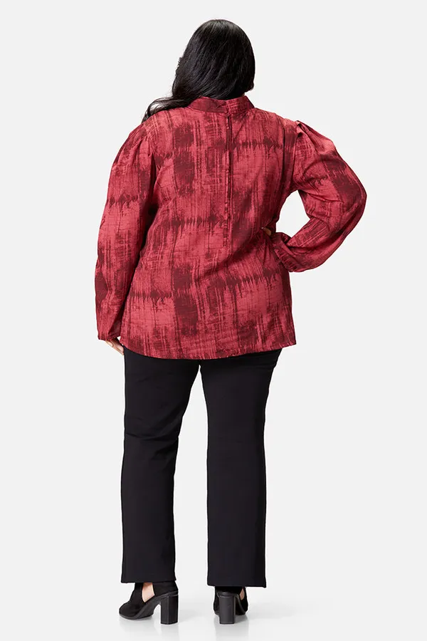 Maroon_Crepe_Tie_Dye_Bow_Long_Sleeve_Top_For_Women