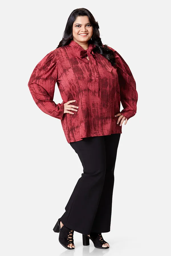 Maroon_Crepe_Tie_Dye_Bow_Long_Sleeve_Top_For_Women