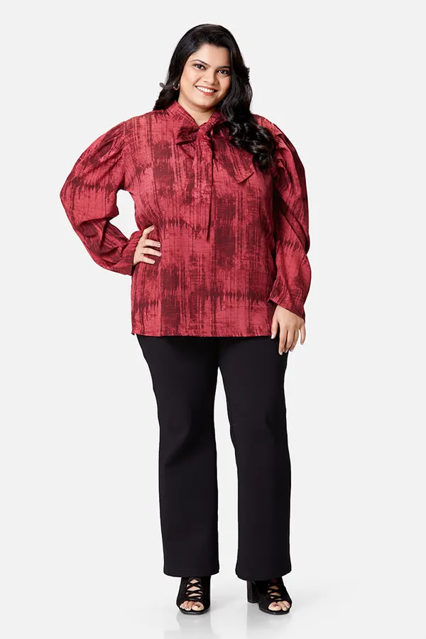 Maroon_Crepe_Tie_Dye_Bow_Long_Sleeve_Top_For_Women