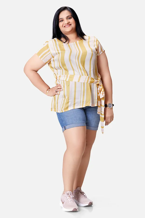Mustard_Satin_Striped_Half_Sleeve_Top_For_Women
