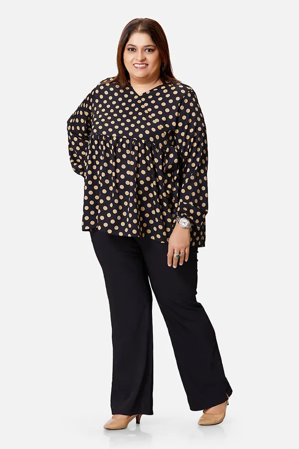 Black_Polyester_Polka_Print_Long_Sleeve_Top_For_Women