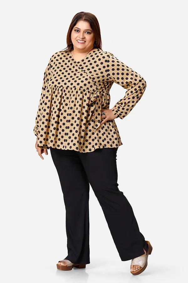 Beige_Polyester_Polka_Print_Long_Sleeve_Top_For_Women