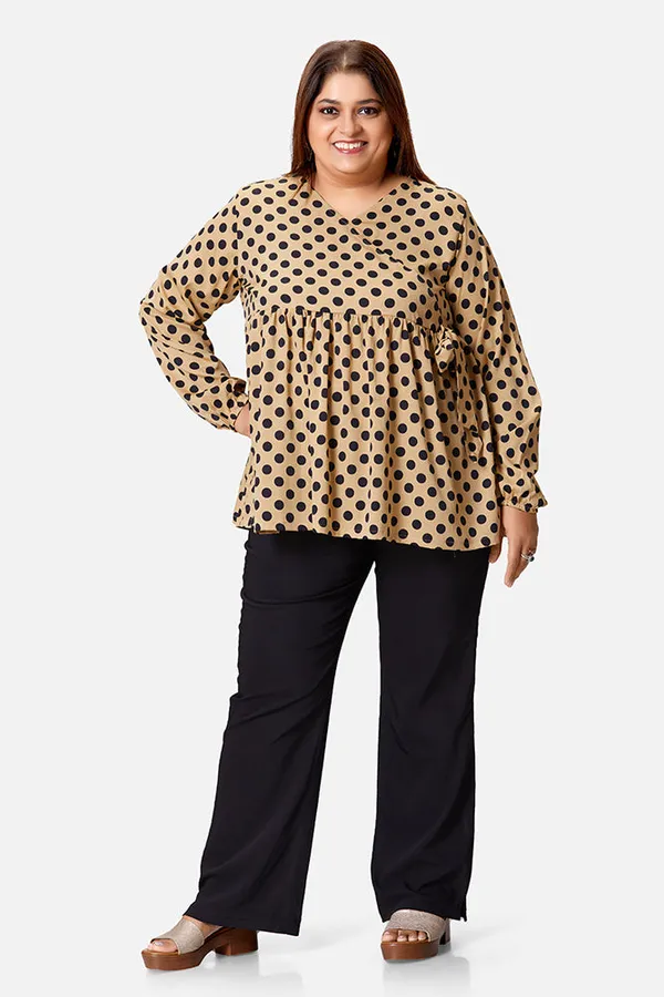 Beige_Polyester_Polka_Print_Long_Sleeve_Top_For_Women