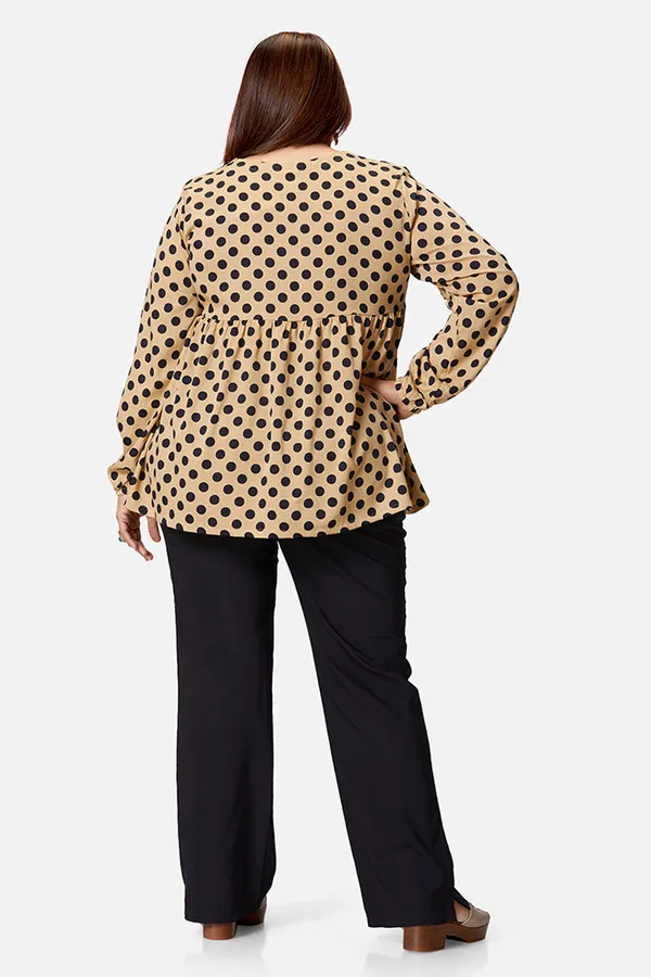 Beige_Polyester_Polka_Print_Long_Sleeve_Top_For_Women