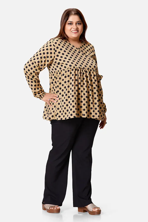 Beige_Polyester_Polka_Print_Long_Sleeve_Top_For_Women