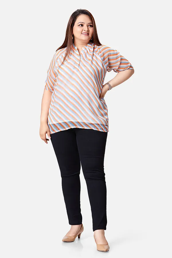 Multicolour_Georgette_Striped_Elbow_Sleeve_Button-Up_Top_For_Women