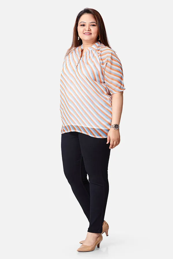 Multicolour_Georgette_Striped_Elbow_Sleeve_Button-Up_Top_For_Women