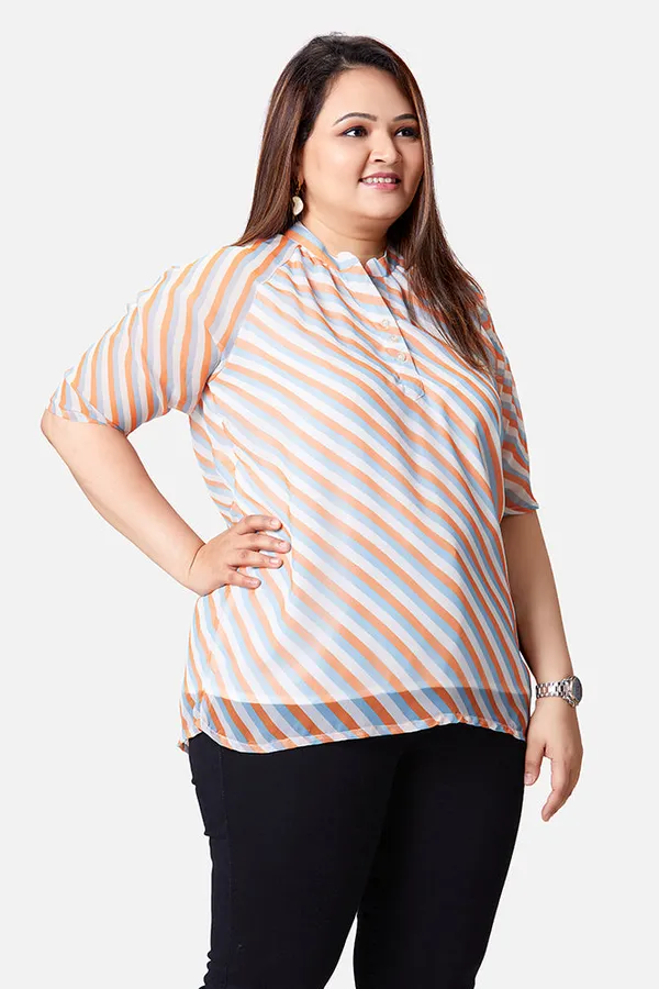 Multicolour_Georgette_Striped_Elbow_Sleeve_Button-Up_Top_For_Women