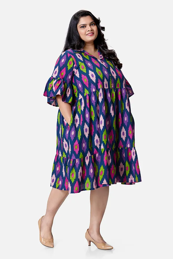 Blue_Cotton_Ikat_Umbrella_Sleeve_Calf_Length_Dress_For_Women