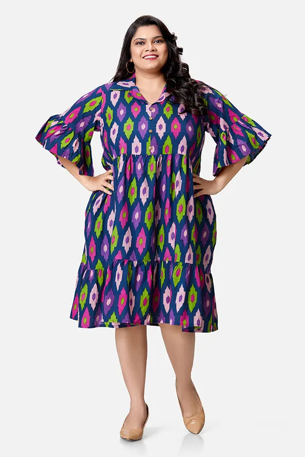 Blue_Cotton_Ikat_Umbrella_Sleeve_Calf_Length_Dress_For_Women