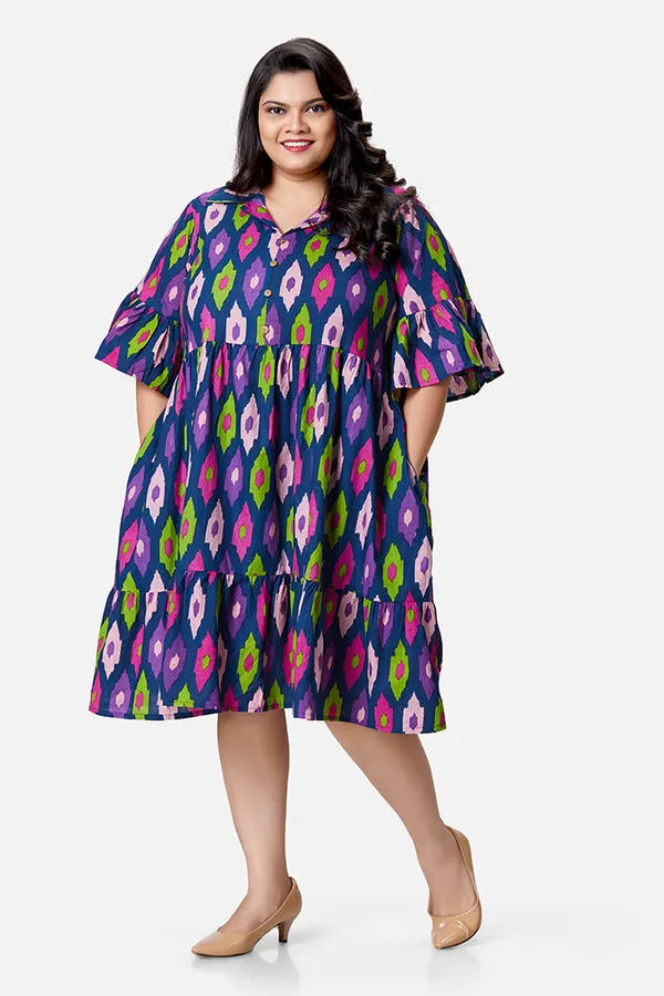 Blue_Cotton_Ikat_Umbrella_Sleeve_Calf_Length_Dress_For_Women