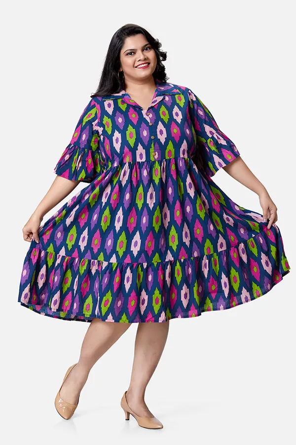 Blue_Cotton_Ikat_Umbrella_Sleeve_Calf_Length_Dress_For_Women